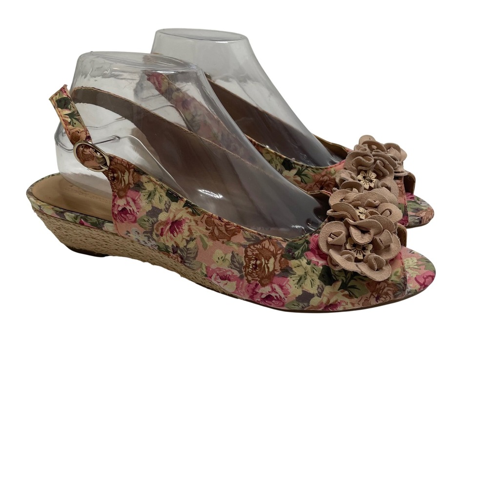 Hotter‎ Betsy Pink Floral Peep Toe Wedge Sandals 3D Flower Applique Cottage 8.5